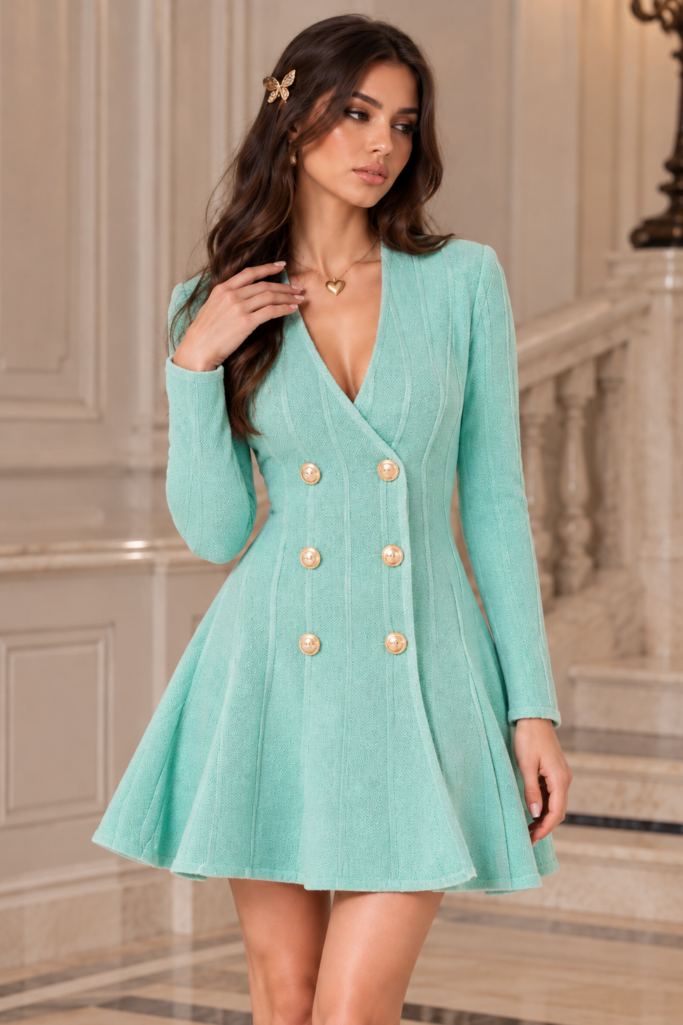Jessica Bara Yukie Gold Button Long Sleeve Mini Dress