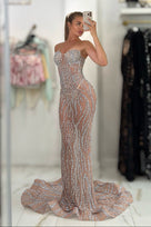 Jessica Bara Zambi Crystal Strapless Tube Slit Gown