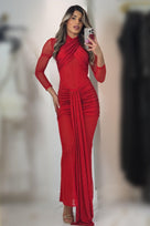 Jessica Bara Zandra Long Sleeve See Through Ruched Maxi Dress