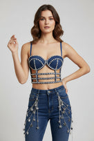 Jessica Bara Zeina Denim Crystal Cut Out Top