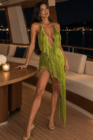 Jessica Bara Zenir Halter Deep V-Neck High Low Fringe Mini Dress
