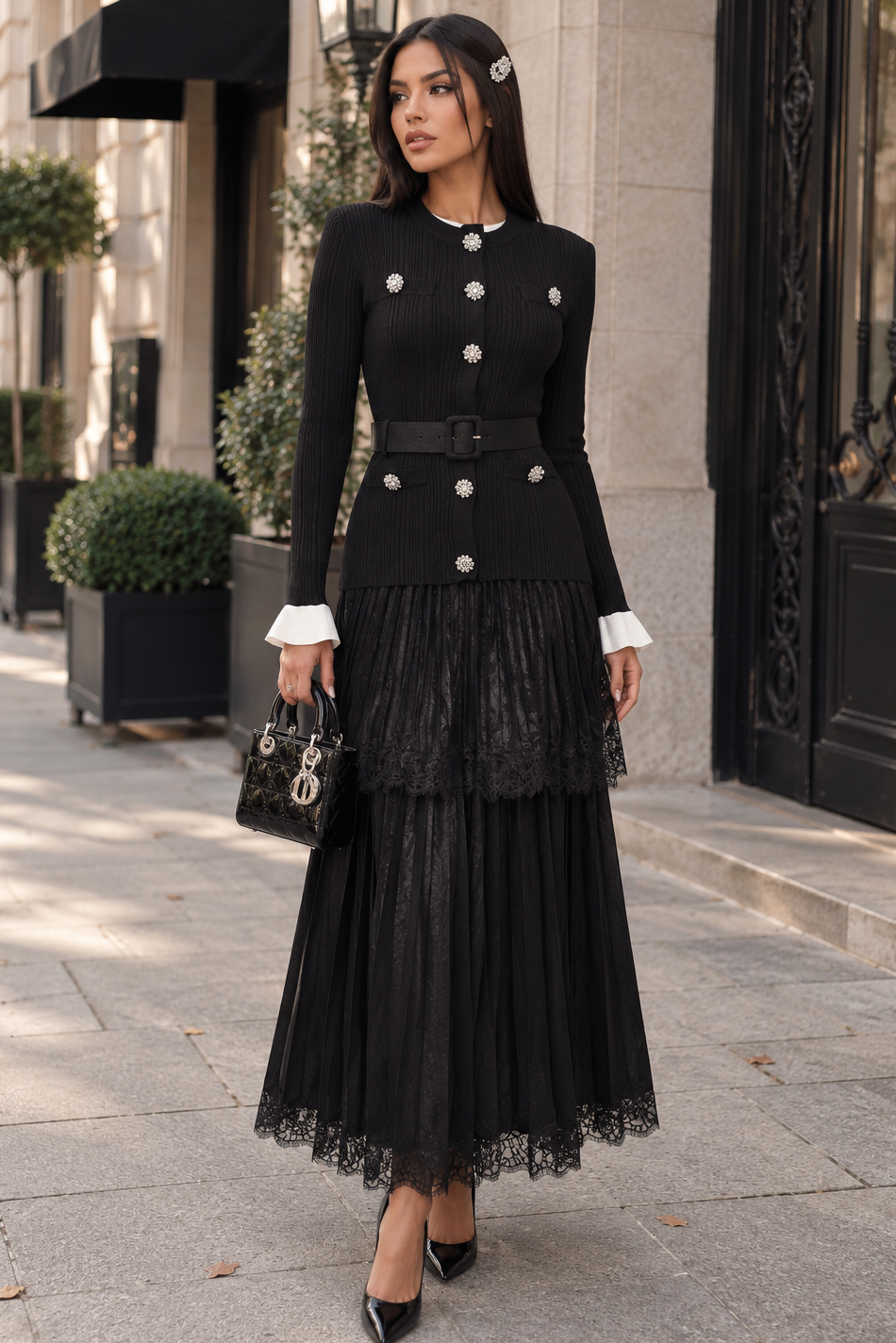 Jessica Bara Zenvy Knit Belted Long Sleeve Lace Maxi Dress