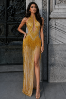 Jessica Bara Zinnia Crystal Halter Fringe Gown