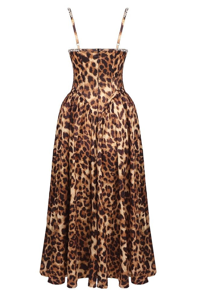 leopard print silk maxi dress Jessica Bara Zuki Crystal Beaded Leopard Print Maxi Dress