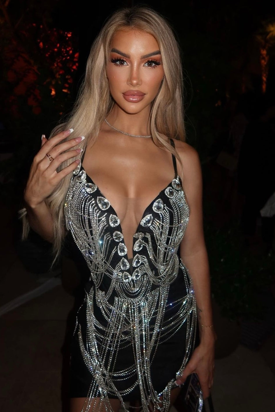 Jessica Bara Zuri Rhinestone Chain Mini Dress