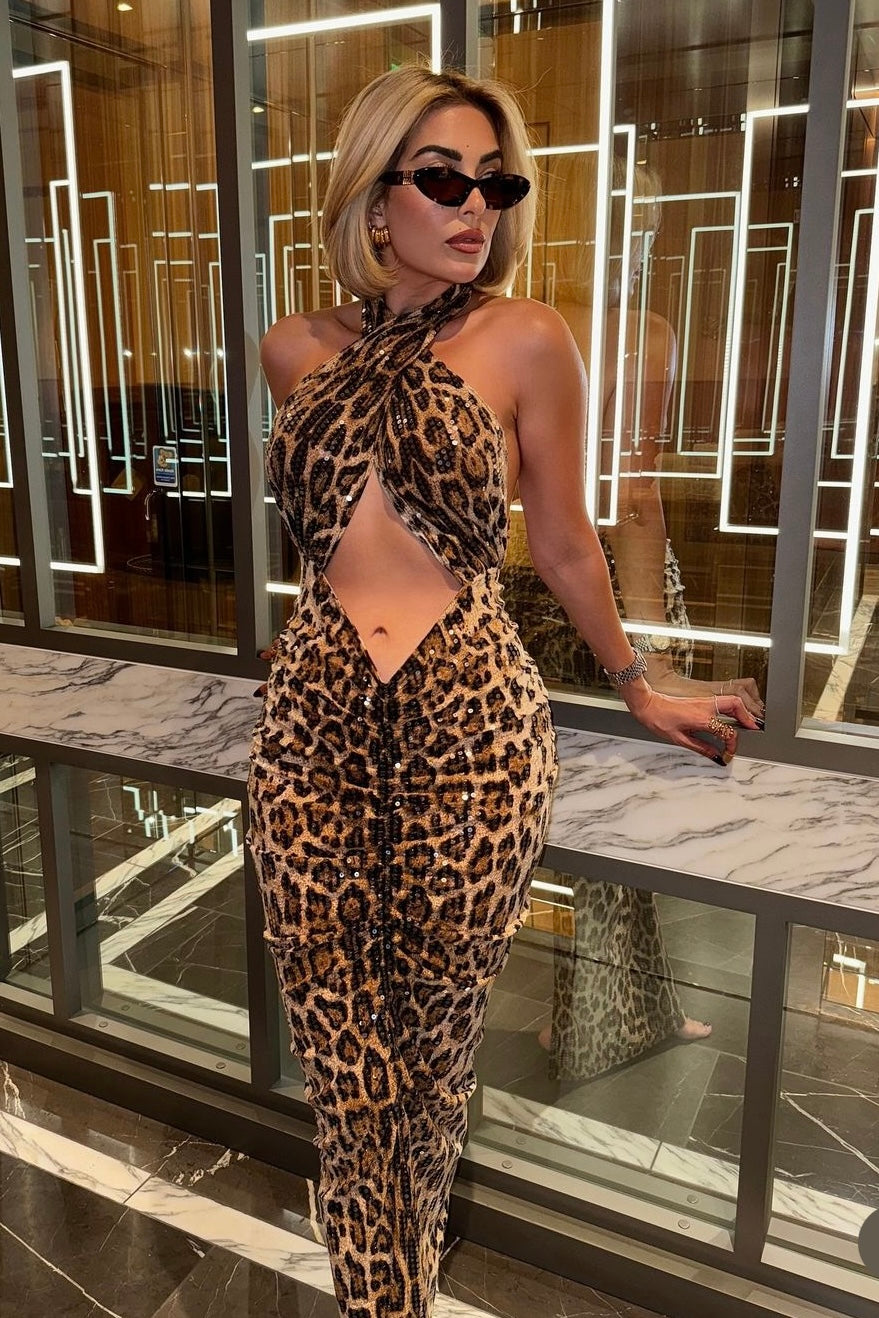 Jessica Bara Cristina Leopard Sequin Halter Backless Maxi-dress with G JESSICA BARA Jessica Bara Cristina Leopard Sequin Halter Backless Maxi-dress with G JESSICA BARA