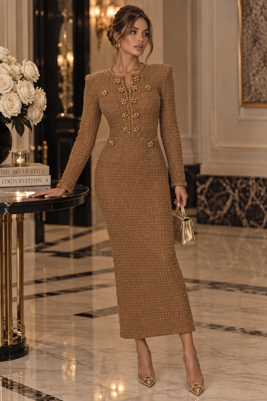 Jessica Bara Melonie Tweed Long Sleeve Maxi Dress