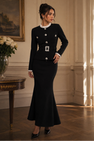 Jessica Bara Shanivar Lace Collar Belted Long Sleeve Top and Maxi Skirt Two Piece Set