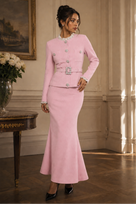 Jessica Bara Shanivar Lace Collar Belted Long Sleeve Top and Maxi Skirt Two Piece Set