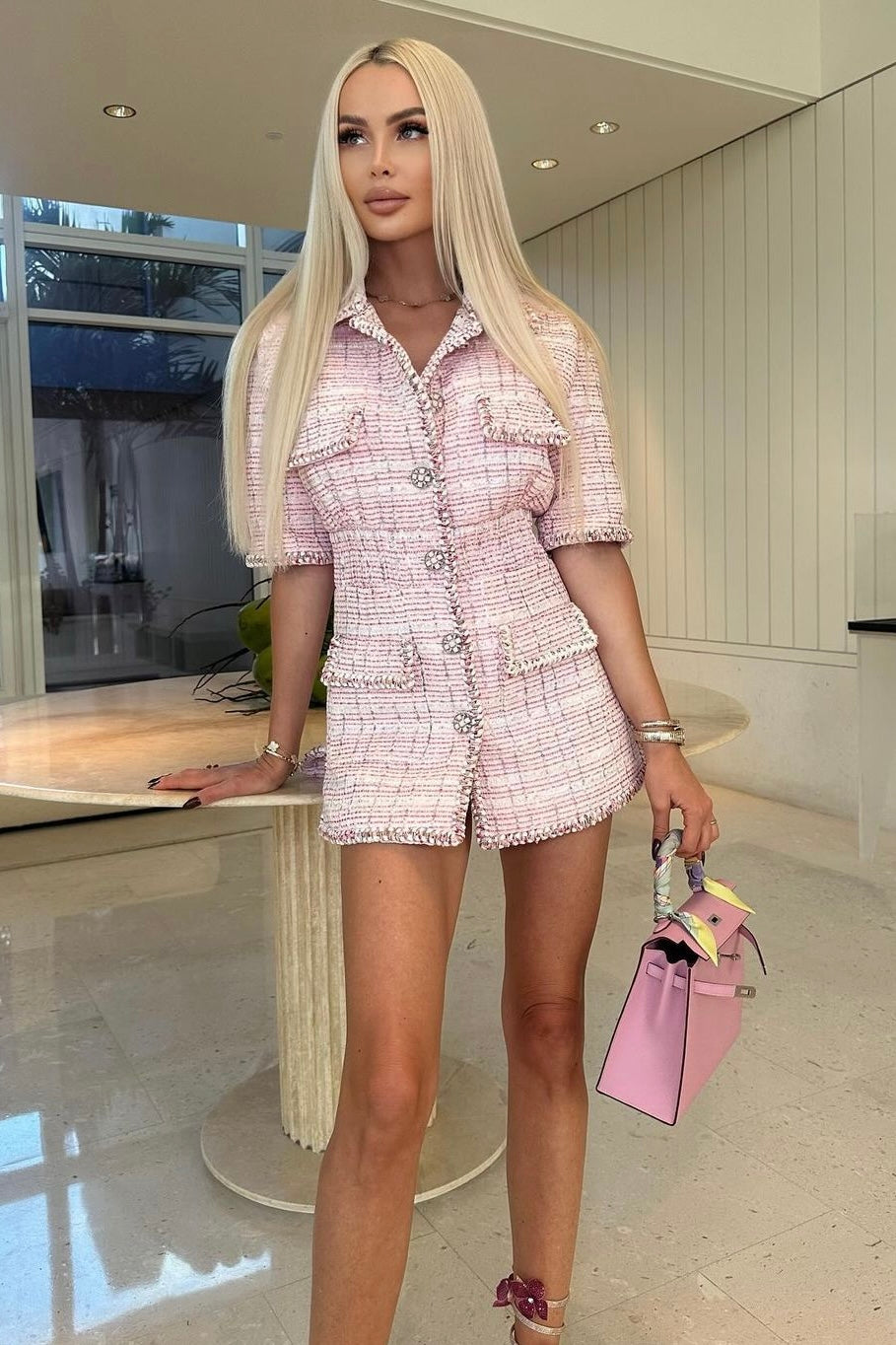 short sleeve tweed mini dress Jessica Bara Khari Short Sleeve Tweed Mini Dress