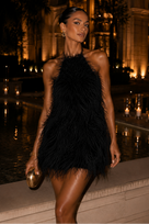 Jessica Bara Teshara Feather Backless Halter Mini Dress