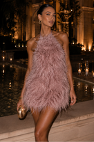 Jessica Bara Teshara Feather Backless Halter Mini Dress