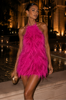 Jessica Bara Teshara Feather Backless Halter Mini Dress