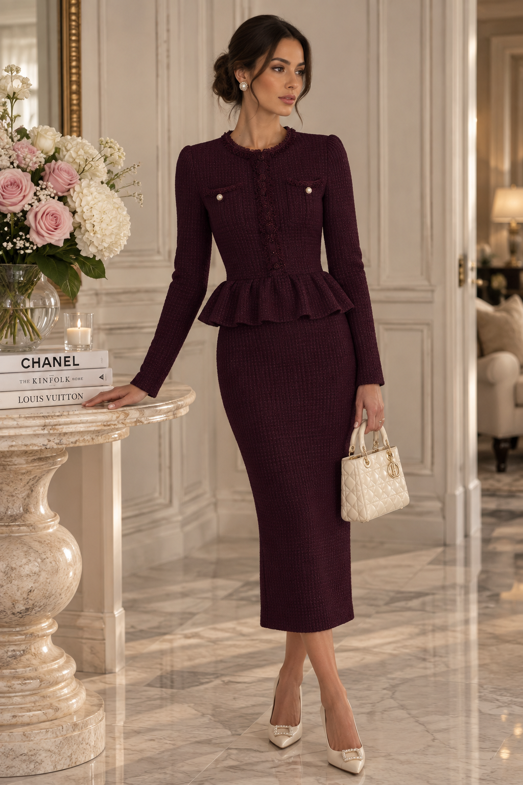 Jessica Bara Tesma Peplum Long Sleeve Knit Midi Dress