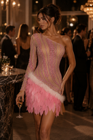 Jessica Bara Vejone Crystal One Sleeve Feather Mini Dress