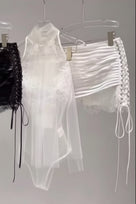 Jessica Bara Veil Ruched Bodysuit and Mini Skirt Set