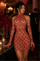 Jessica Bara Yaz Crystal High Neck Halter Mini Dress with Gloves