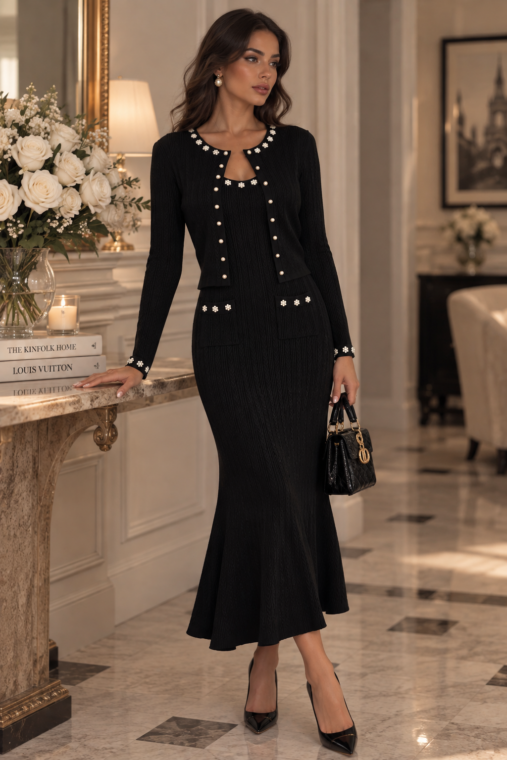 Jessica Bara Zarmesh Knit Cardigan and Maxi Dress Two Piece Set