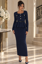Jessica Bara Shavida Gold Button Long Sleeve Belted Top and Maxi Skirt Two Piece Set