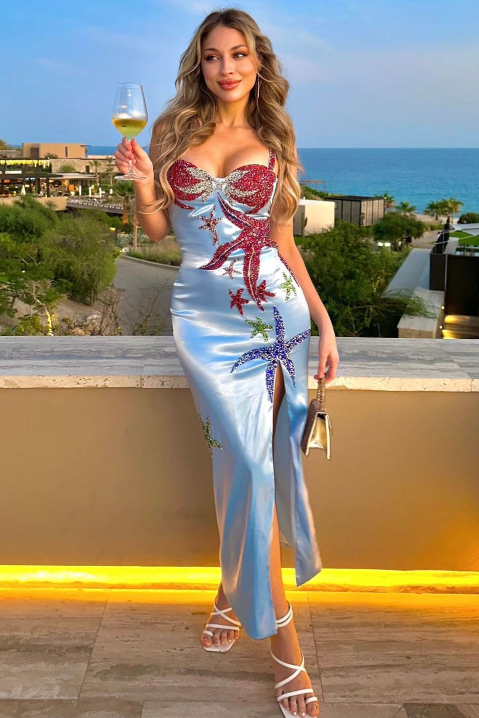 Jessica Bara Lindsi Satin Rhinestone Starfish Maxi Dress As Seen On Lisa Hochstein Jessica Bara Lindsi Satin Rhinestone Starfish Maxi Dress As Seen On Lisa Hochstein