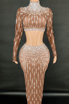 Jessica Bara Cassidy Crystal Long Sleeve Crop Top and Maxi Skirt Two Piece Set