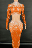 Jessica Bara Cassidy Crystal Long Sleeve Crop Top and Maxi Skirt Two Piece Set
