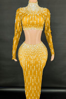Jessica Bara Cassidy Crystal Long Sleeve Crop Top and Maxi Skirt Two Piece Set
