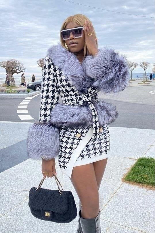 Jessica Bara Brody Houndstooth Fur Belted Coat As Seen On Leyla