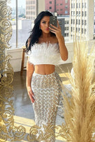 Jessica Bara Connor Feather Strapless Tube Top and Sequin Skirt Two Piece Set