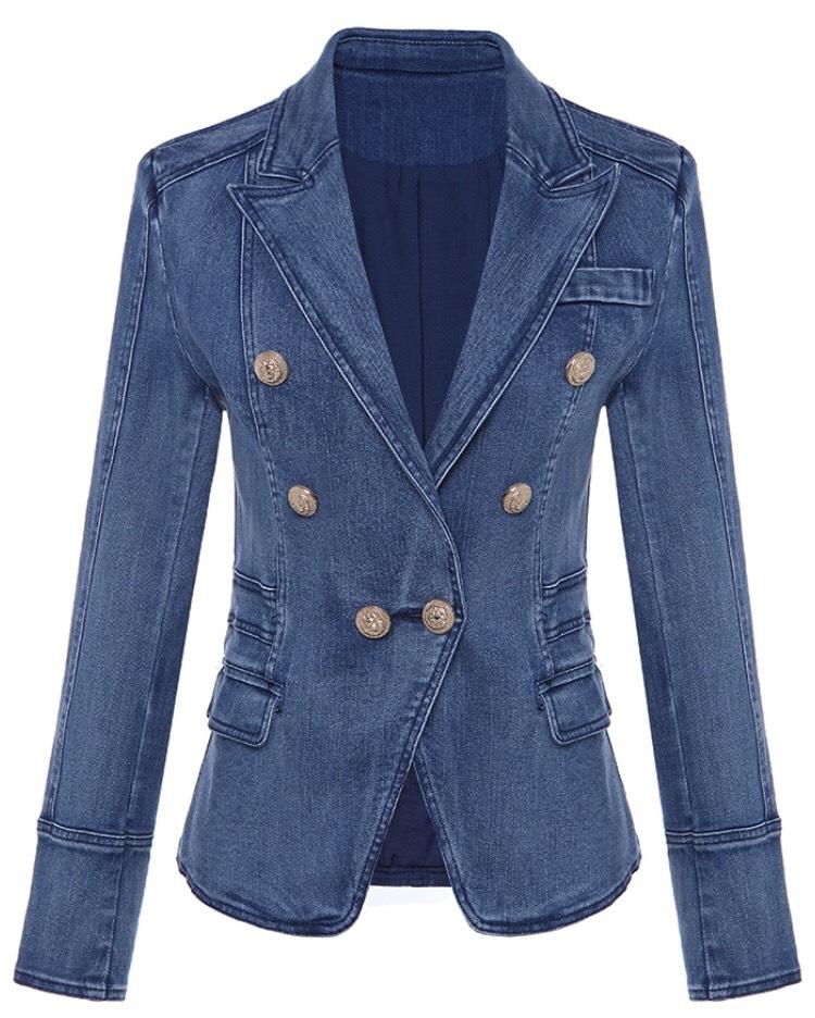 Jessica Bara Donatella Blue Denim Gold Button Blazer