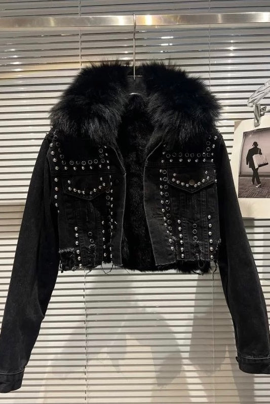 Jessica Bara Marisa Fur Studded Denim Jacket
