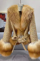 Jessica Bara Shaliyah Fur and Tweed Belted Coat