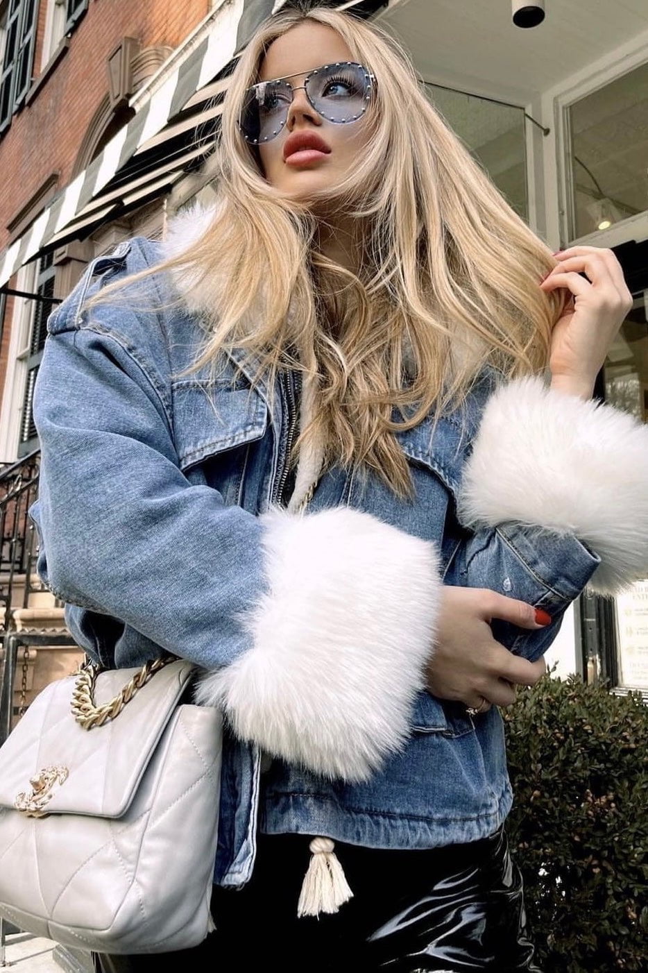 SALE Jessica Bara Victoria Denim & Fur Jacket