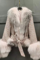 Jessica Bara Shaliyah Fur and Tweed Belted Coat