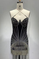 Jessica Bara Alpha 2 Halter Crystal Mesh Mini Dress