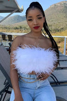 Jessica Bara Casper Strapless Tube Feather Crop Top