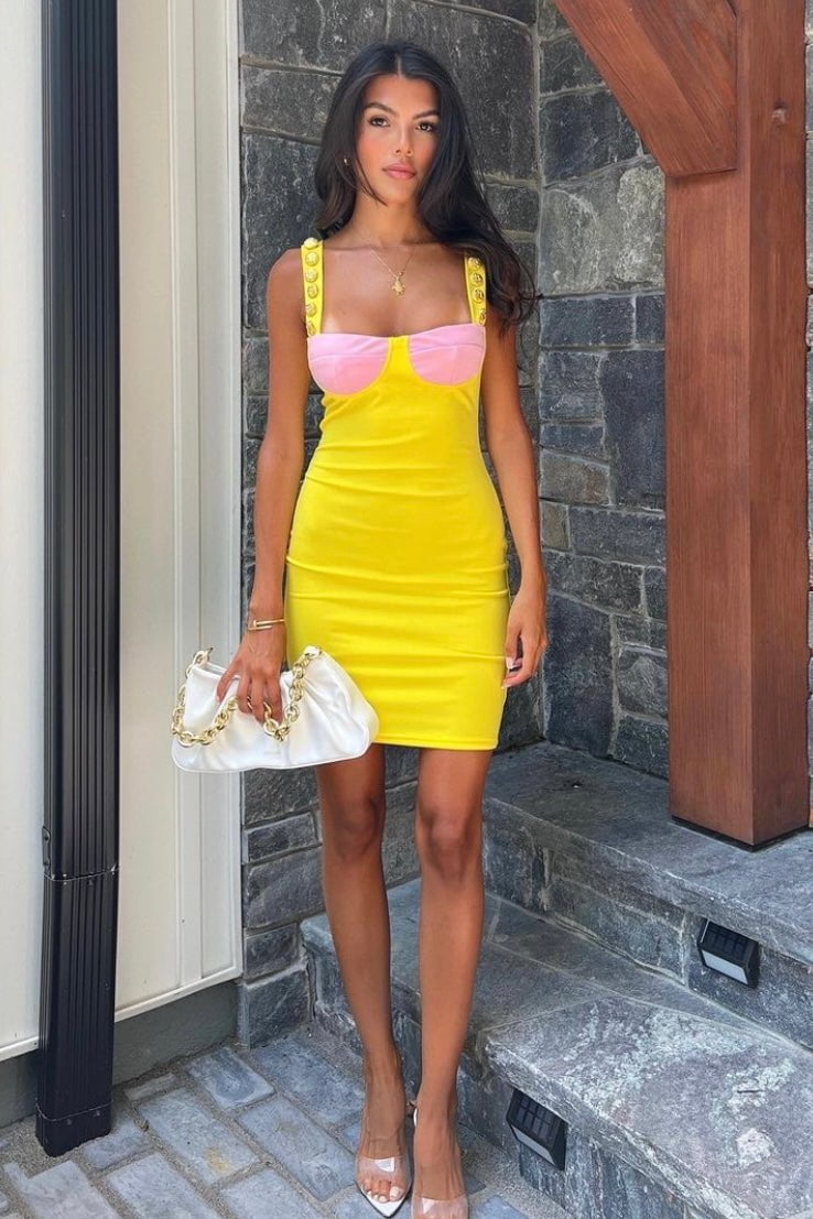Jessica Bara Kornelia Bodycon Colorblock Gold Button Mini Dress JESSICA BARA Jessica Bara Kornelia Bodycon Colorblock Gold Button Mini Dress JESSICA BARA